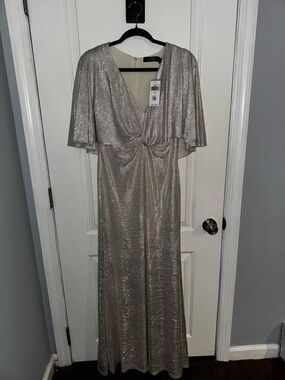 Ralph Lauren Silver Metallic Maxi Dress with Cape Sleeves